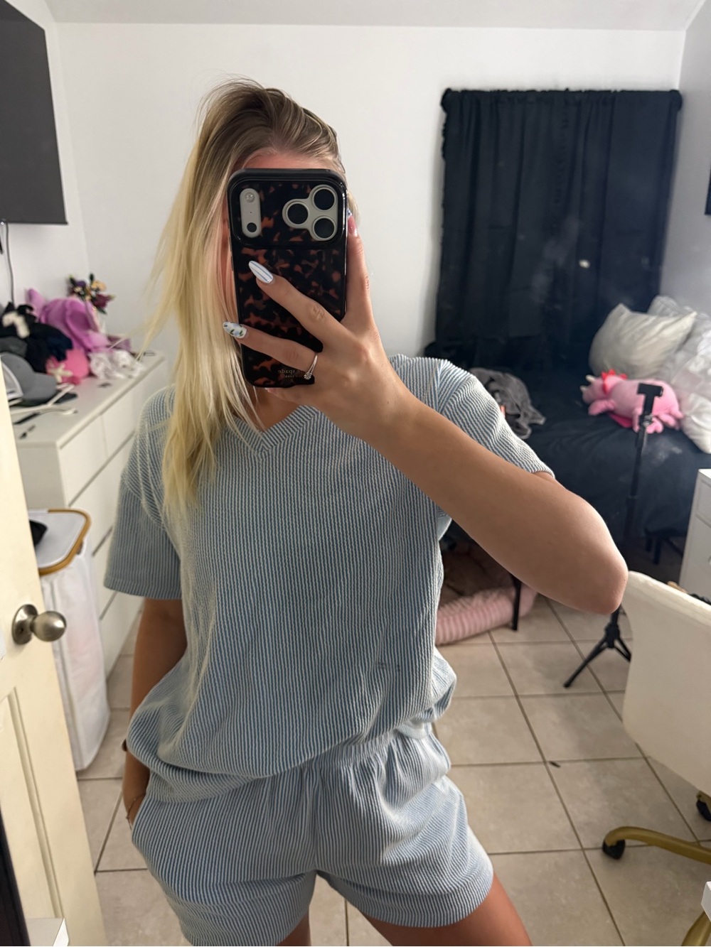 Light Blue Striped V-Neck Short Set